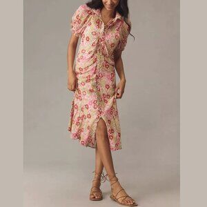 By Anthropologie Puff-Sleeve Ruched Mesh Midi Shirt Dress Pink Pattern Floral 2